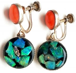 Fabulous Vintage Black Boulder Opal & Natural Coral Earrings,  Sterling Silver