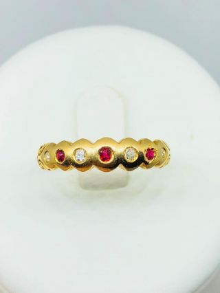Vintage 18ct Gold Diamond And Ruby Half Eternity Ring Size Q
