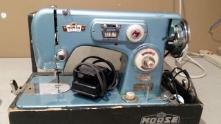 Vintage Blue Morse All Metal Zigzag Sewing Machine W/ Case,  Foot Pedal