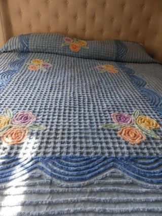 Fabulous Vintage Chenille Bedspread Blue Floral Plush 90 X 100