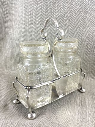 Antique Silver Plated Table Cruet Pickle Jar Caddy Glass Bottles On Stand