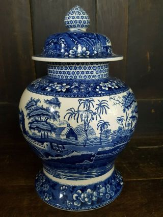 Vintage Spode Pottery Tower Blue & White Ginger Jar With Lid Temple Jar Tall 13 "