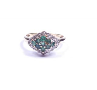 Emerald And Diamond Ring 9 Carat Gold Cluster Size P Vintage 2.  4g