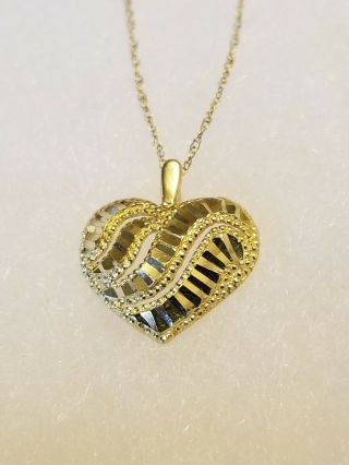 Vtg 10k Solid Yellow Gold Diamond - Cut Heart Pendant & Chain Necklace 18 " Estate
