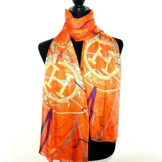 Vintage Hermes Paris Printed Silk Chiffon Dance Stole Scarf Equestrian Orange