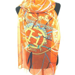 Vintage Hermes Paris Printed Silk Chiffon Dance Stole Scarf Equestrian Orange 2