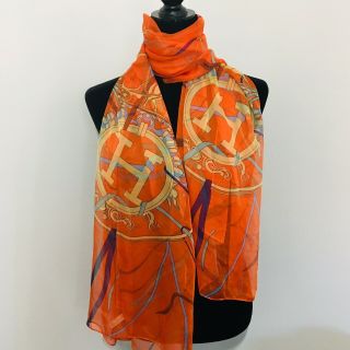 Vintage Hermes Paris Printed Silk Chiffon Dance Stole Scarf Equestrian Orange 3