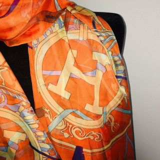 Vintage Hermes Paris Printed Silk Chiffon Dance Stole Scarf Equestrian Orange 4