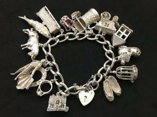 Vintage Sterling Silver Charm Bracelet With 15 Silver Charms.  107 Grams