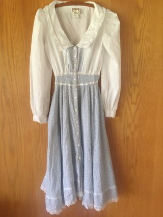 Vintage Gunne Sax White Blue Calico Lace Hippie Boho Prairie Dress Sz Xs/s