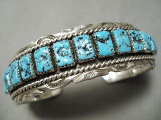 One Of The Best Vintage Navajo Squared Turquoise Sterling Silver Bracelet