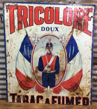 Rare Antique Early 1900s Vtg Tricolore Sweet Tobacco French Canadian Tin Sign