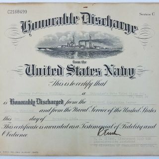 WWII 1945 Honorable Discharge Paper Carpenter ' s Mate 3rd Class Shelton Virginia 2