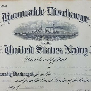 WWII 1945 Honorable Discharge Paper Carpenter ' s Mate 3rd Class Shelton Virginia 3