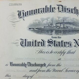 WWII 1945 Honorable Discharge Paper Carpenter ' s Mate 3rd Class Shelton Virginia 4