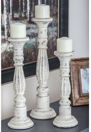 Set Of 3 Rustic Wood Pillar Candle Holders,  Vintage Farmhouse,  Distressed White