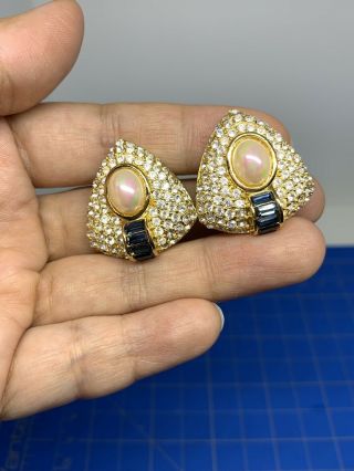 Vintage Signed Christian Dior Blue Clear Rhinestone Pearl Gold Clip On Earrings