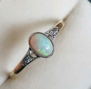 Art Deco 18 Ct Gold Opal And Diamond Large Ring U1/2