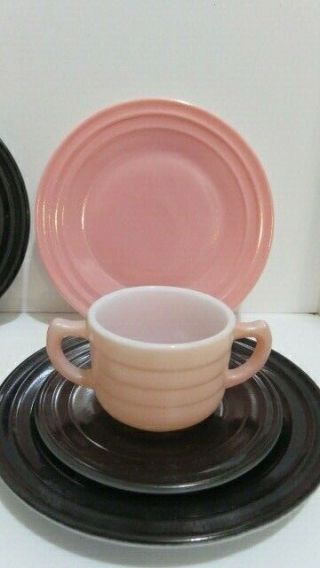 Vintage Mid Century Modern Child ' s Tea 8 Pc Set Hazel Atlas Pink & Black 3