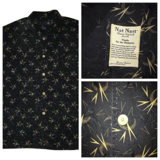 Vtg Nat Nast 100 Silk Aloha Camp Shirt Smoky Black Atomic Retro S/s Rockabilly