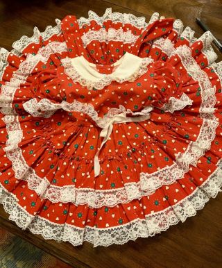 Vintage Girls Gold Bell Red Dress Ruffles/lace/flower/bloomers.  Size? See Meas.