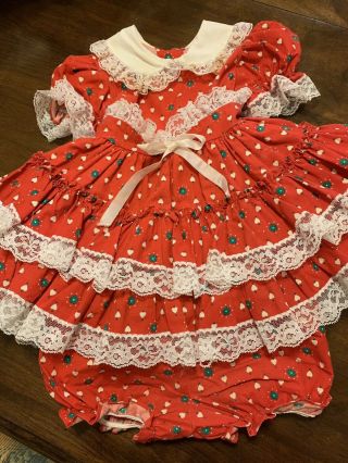 Vintage Girls GOLD BELL RED Dress Ruffles/Lace/flower/Bloomers.  Size? See Meas. 2