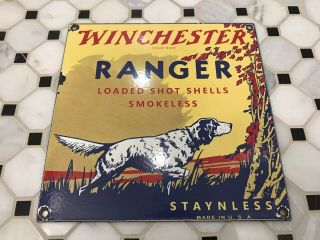 Vintage Winchester Porcelain Sign Ranger Ammo Shot Gun Shells 12 Ga Hunting Dog