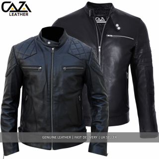 Mens Black David Beckham Real Leather Biker Jacket Vintage Cafe Racer Slim Fit