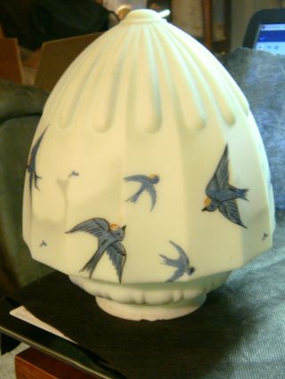 Vtg Antique Ceiling Fixture Shade Hand Painted Blue Birds Dome Ribbed Glass 2