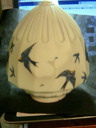 Vtg Antique Ceiling Fixture Shade Hand Painted Blue Birds Dome Ribbed Glass 3