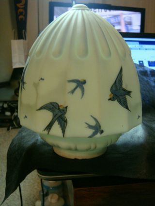 Vtg Antique Ceiling Fixture Shade Hand Painted Blue Birds Dome Ribbed Glass 6