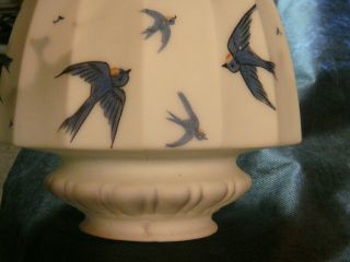 Vtg Antique Ceiling Fixture Shade Hand Painted Blue Birds Dome Ribbed Glass 7