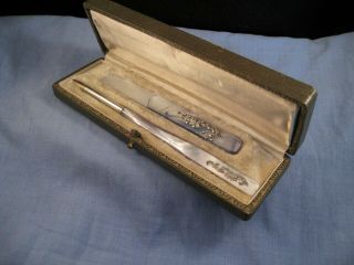 Antique French Silver Mother Of Pearl Set Dip Pen Bookmarker Calligraphy Boxed