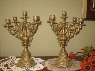 Set Of 2 Pair 5 Arm Ornate Candelabra Candle Holder Solid Brass Vintage 16 " Tall