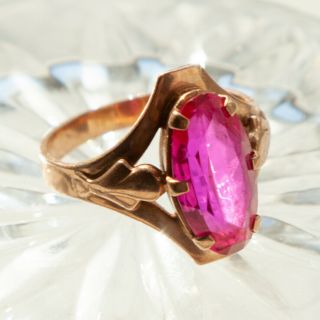 Vintage Soviet Gold Ring 583 14k Pink Purple Synthetic Gem Stone Ussr 19 Mm / 9