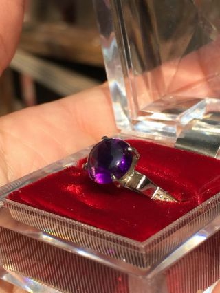 Vintage 10k White Gold & Amethyst Cabochon Ring Size 6