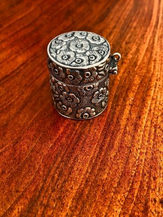 - American Sterling Silver Thimble Case With Thimble: Floral Pattern No Monogram