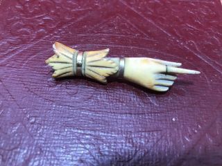 Antique Carved Victorian Pointed Finger Hand Broach Pin Gold Accent " Stay Away "