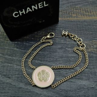 Chanel Gold Plated Cc Logos Pink Camelia Charm Chain Bracelet 4477a Rise - On