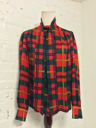 Adolfo Vintage Silk Tie Front Blouse Long Sleeve Red Gold Plaid Size S - M