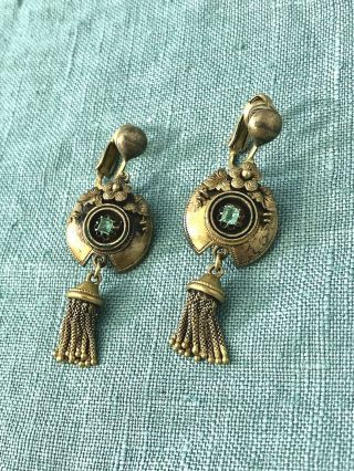 Antique Victorian Gold Fringe Tassel Earrings - Raised Relief Flowers & Fringe