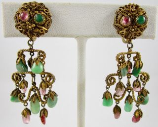 Gorgeous Chinese Export Sterling Silver Jade Tourmaline Chandelier Earrings