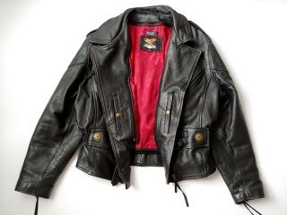 Vintage Black Leather Motorcycle Biker Jacker Coat Leather Red Velvet Embroider