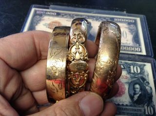 Three Art Deco & Nouveau Gold Filled Bangle Bracelets 84 Grams Not Scrap