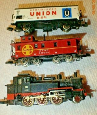 Vintage Marklin Z Scale 74 701 Locomotive,  Union Bier Car,  Santa Fe Caboose