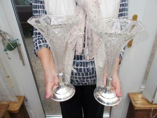 Pair Edwardian Silver Plate Glass Epergnes Flutes Vases Table Centre Piece