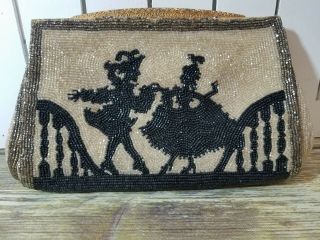Vtg Antique French Beaded Scenic Silhouette Dancing Court Couple Purse Handbag