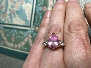 Vintage 14k Gold Ring Huge Pear Shaped Pink Sapphire 2 Lg Diamonds Size 6 4 Gram