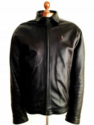 Vtg Mens Black Leather Ralph Lauren Polo Harrington Bomber Biker Jacket Coat Usa