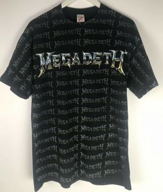 Ultra Rare Vintage 90’s Megadeth All Over Spell Out Logo Double Sided T Shirt Xl